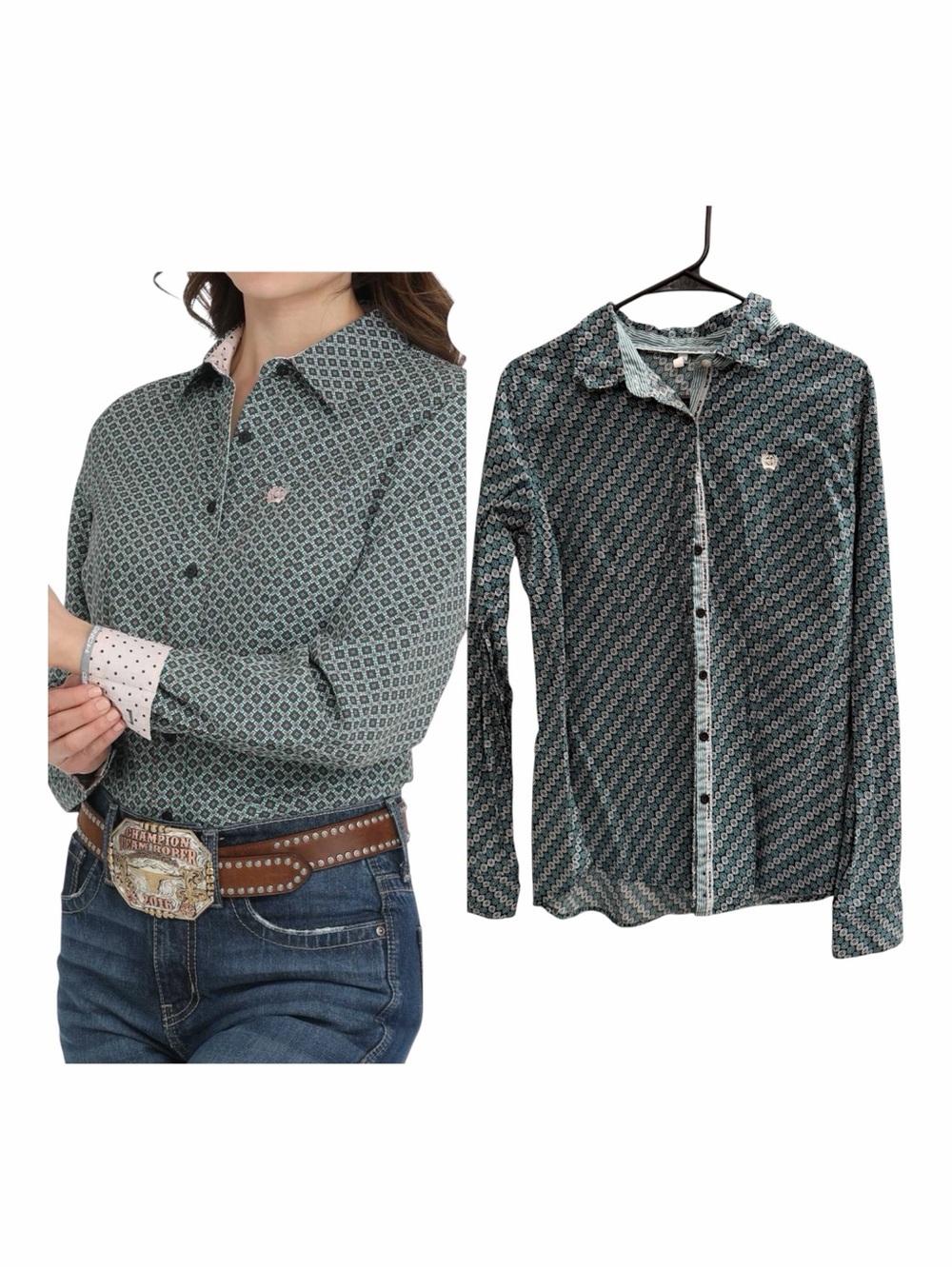 Cinch Women’s Western Button Down Shirt Teal Geometric Print XL